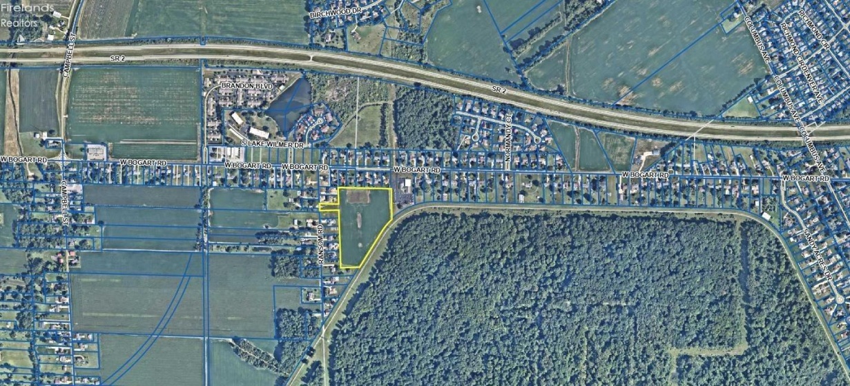 Aerial view of the 10.56 acres in yellow.