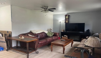 This family room opens to the front entry and dining area. NOTE: the wall behind the couch can easily been taken down and open to the decorative fireplace that was once opened to this space. The owner enclosed it to make for a first floor master bedroom.