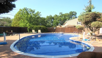 Kidney shaped swimming pool with new blue pool liner