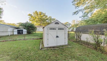 Storage shed in backyard