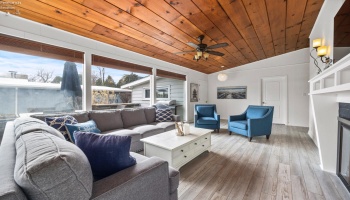 Living Room with wood-burning fireplace
